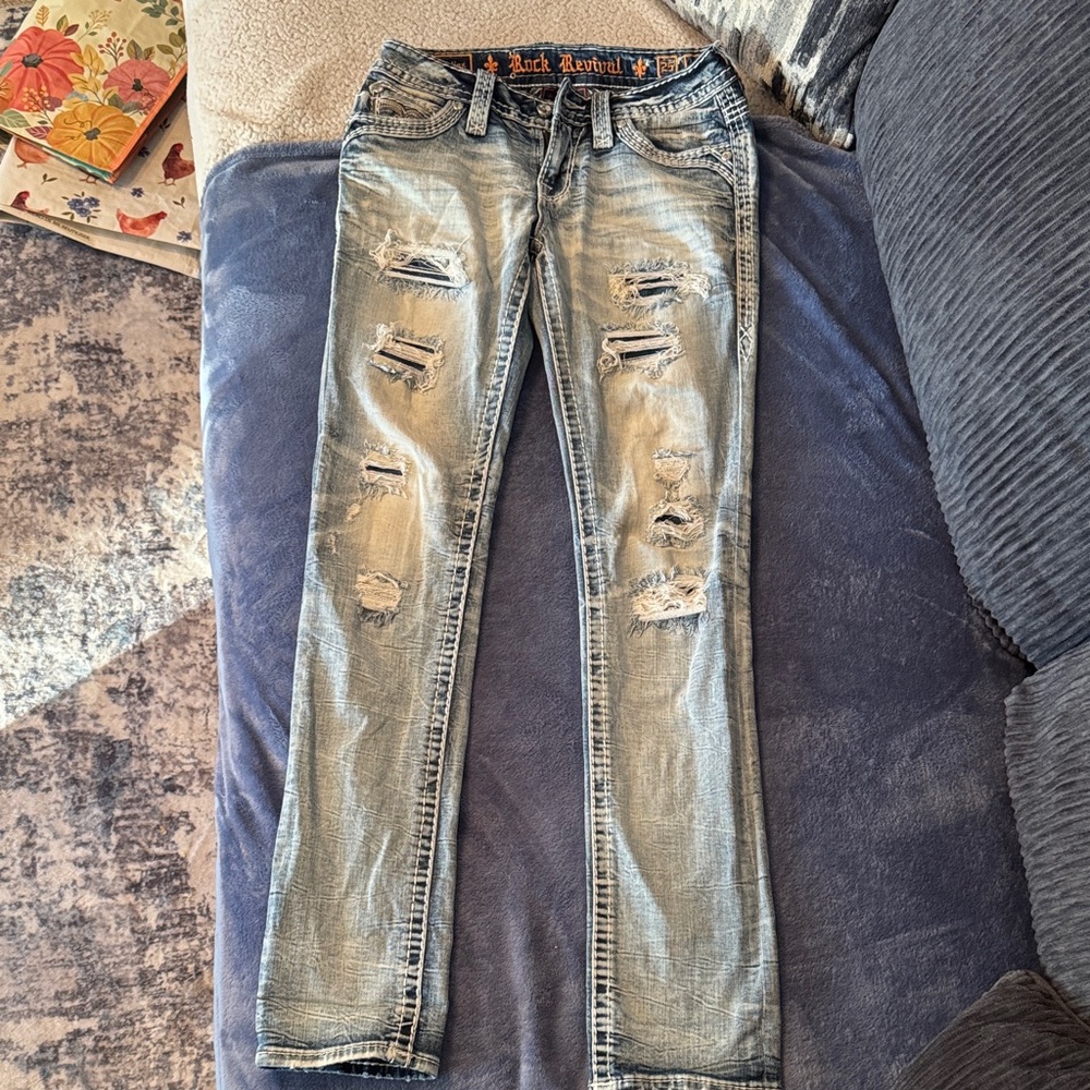 Rock Revival Light Blue Distressed Straight Leg Jeans NWOT